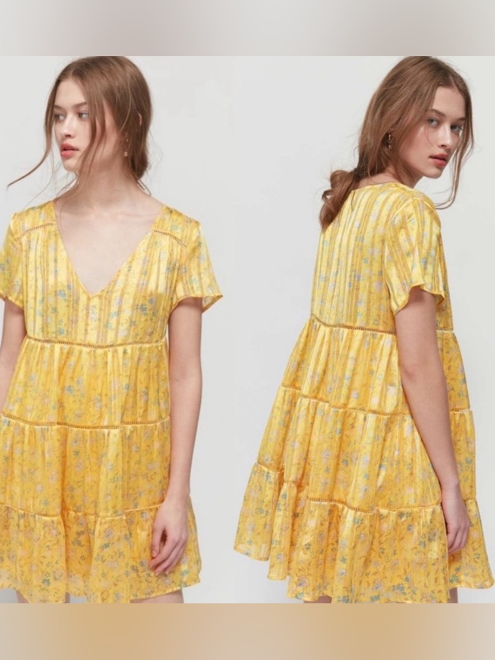 Urban Outfitters Yellow Pippa Floral Tiered Babydoll Dress Large
